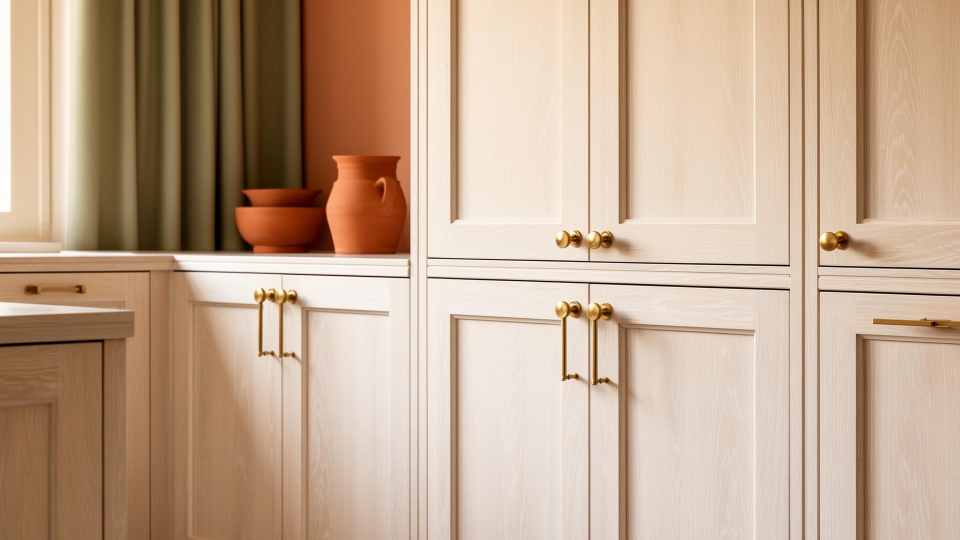 Custom white oak cabinetry with brass hardware