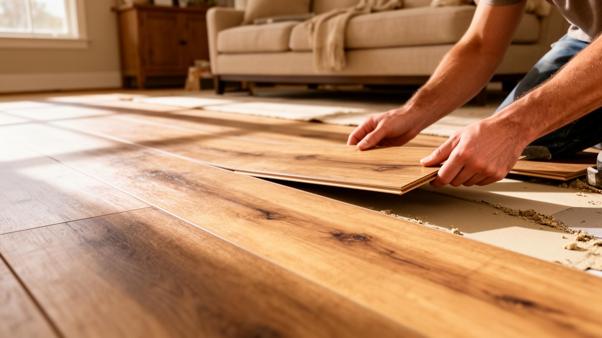 Craftsman installing luxury vinyl plank flooring in a sunlit living room